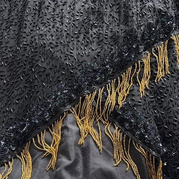 Vintage Silk Lori Ann Elegant Black and Gold Sequin Fringe Dress - Picture 14 of 14